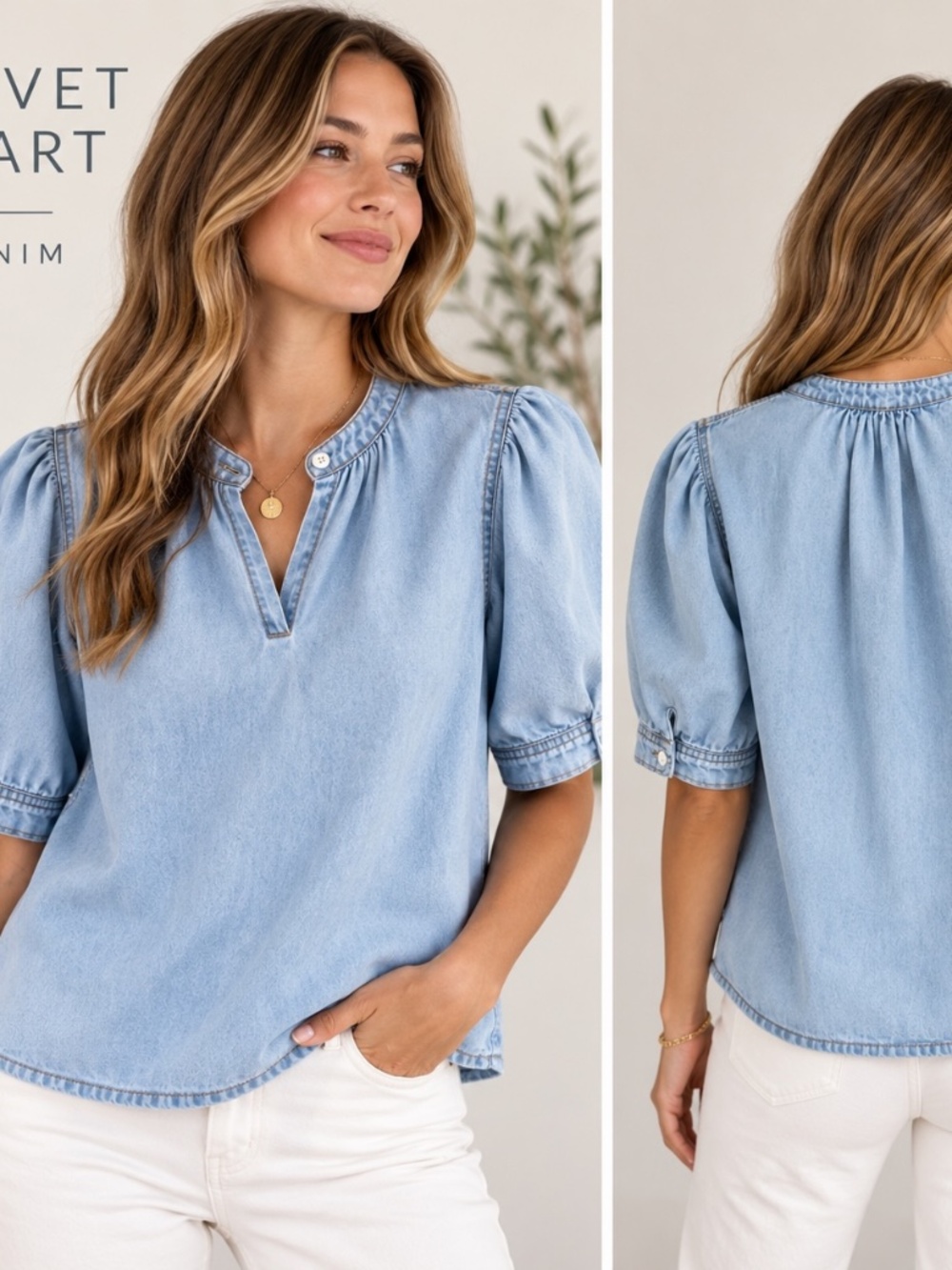 Velvet Heart Denim Light Wash Chambray Blouse Size M Puff Sleeve
